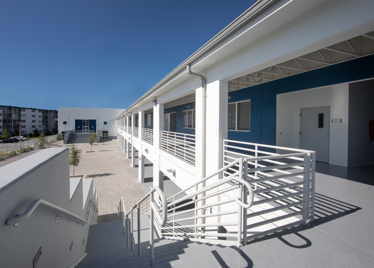 Architectural view of the courtyard at Pinecrest prep charter k-12 school in Miami.